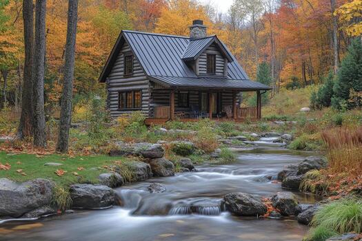 Chalet de la rivière en montagne étoilé : chalet en bois au bord d'une rivière en automne